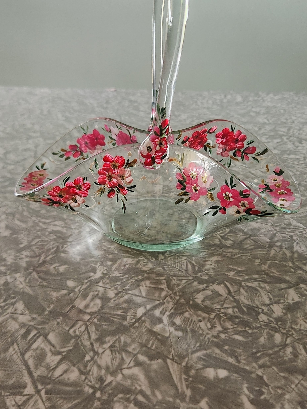 Hand-Painted Pink Floral Glass Centerpiece Basket